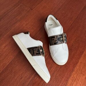FENDI Vitello FF Logo White/Brown/Black Leather Slip-On Sneakers Size 37.5 US 7